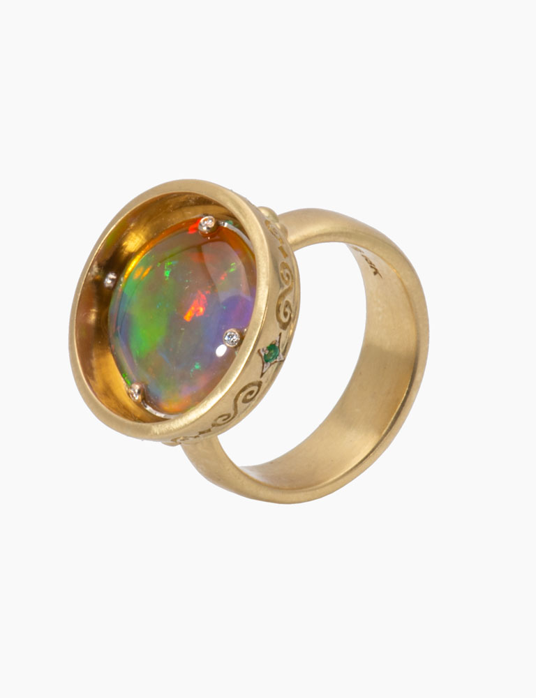 Opal and Tsavorite Garnet Reflecting Bowl Ring