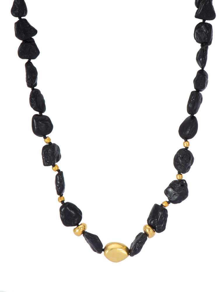 Black Tourmaline Nugget and Gold Bead Necklace