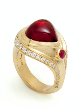 Rubellite Tourmaline Water Goddess Ring with Diamonds and Ruby