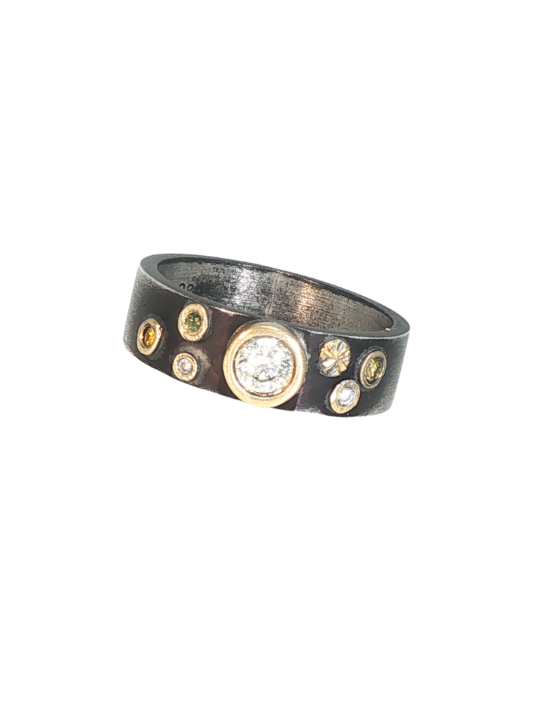 Oxidized Sterling Silver and 18k Gold Diamond Band