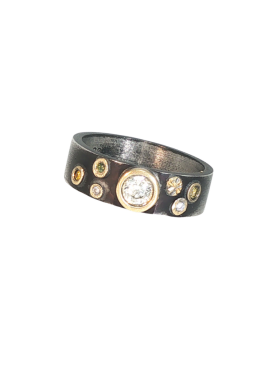 Oxidized Sterling Silver and 18k Gold Diamond Band