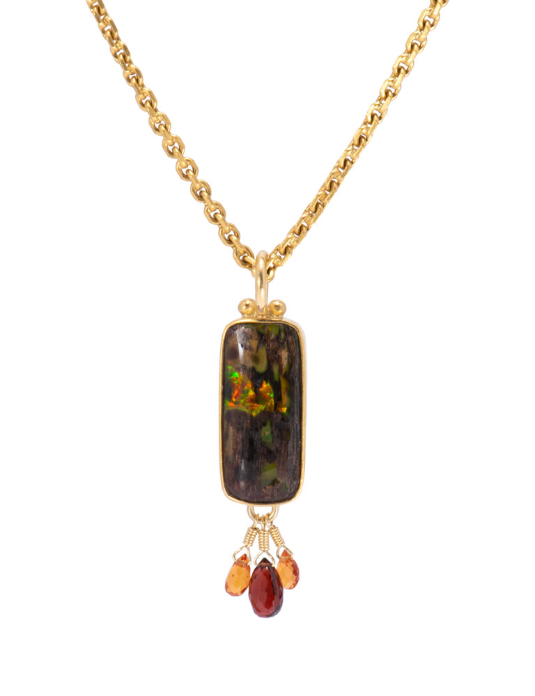 Nevada Wood Opal Pendant with Garnet and Sapphire Briolettes Nevada Wood Opal Pendant with Garnet and Sapphire Briolettes