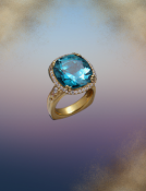 Blue Zircon and Diamond Ring View 1
