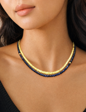 Double Strand of Blue and Yellow Sapphires with Gold Beads.